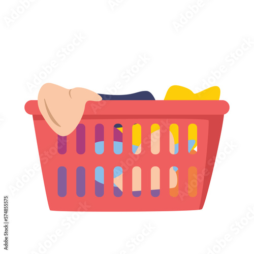 Laundry basket with dirty clothes in flat style vector illustration. Simple red plastic laundry basket clipart cartoon style, hand drawn doodle. Cute vector illustration isolated on white background