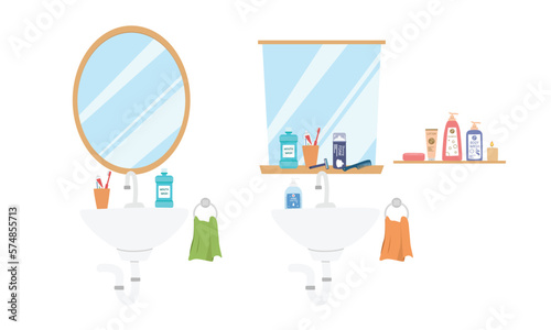 Set of bathroom elements in flat style vector illustration. Sink, toothbrush, toothpaste, mirror, mouthwash, razor, shaving cream, shampoo, lotion clipart cartoon hand drawn doodle. Toiletries concept