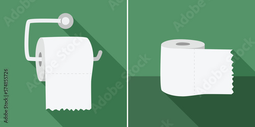 Toilet paper roll with long shadow in flat style vector illustration, hand drawn doodle style. Simple toilet paper roll clipart cartoon. Toilet paper with metal holder cute vector illustration