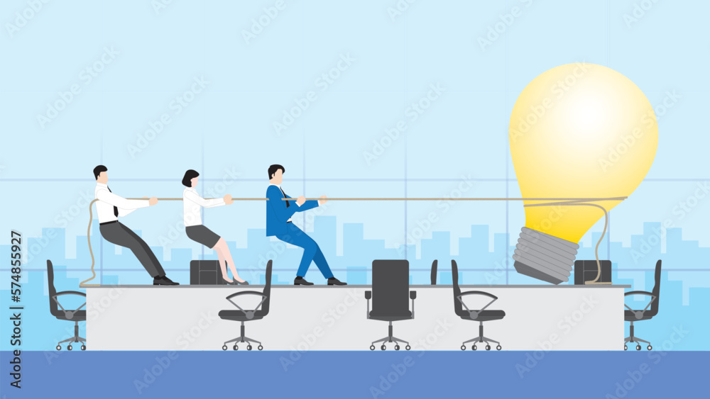 Leader businessman and teamwork pull a rope with a big light bulb. Office people work on a new project. Business idea, innovation, creation, inspiration, work hard, start-up, and creativity concept. Leader businessman and teamwork pull a rope with a big light bulb. Office people work on a new project. Business idea, innovation, creation, inspiration, work hard, start-up, and creativity concept.