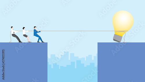 Leader businessman and teamwork pull a rope with a big light bulb. Office people work on a new project. Business idea, innovation, creation, inspiration, work hard, start-up, and creativity concept.