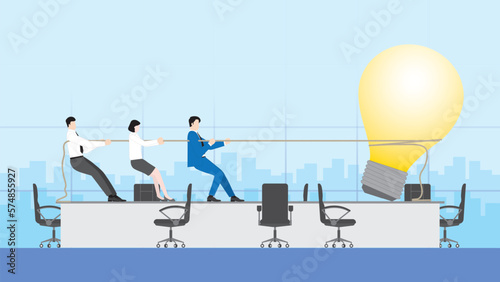Leader businessman and teamwork pull a rope with a big light bulb. Office people work on a new project. Business idea, innovation, creation, inspiration, work hard, start-up, and creativity concept.