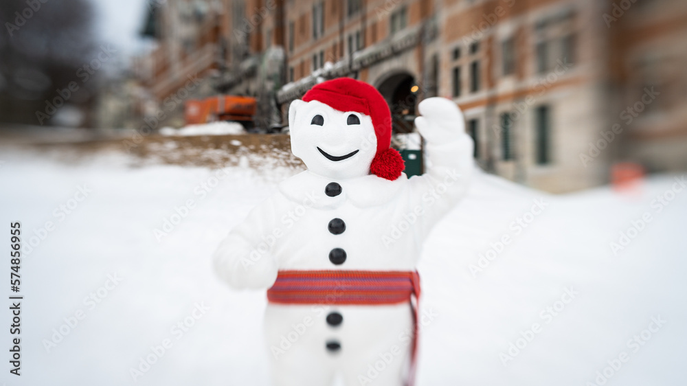 Fototapeta premium Selective focus photo of Bonhomme, the official snowman representative of the Québec Winter Carnival.