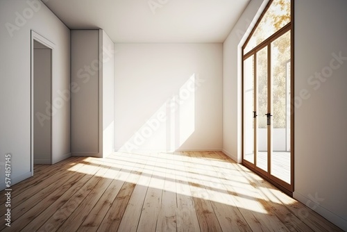 Interior of a vacant living room lit by a window. No furnishings. wood flooring blank wall with sunlight in the mockup,. Generative AI © 2rogan