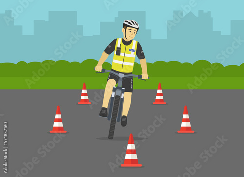 Bicycle ride practice. Bike patrol practising road maneuvers. Front view of a learner police officer on test road with red cones. Flat vector illustration template.