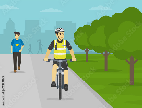 Police officer riding bike on sidewalk at city park. Front view. Flat vector illustration template.