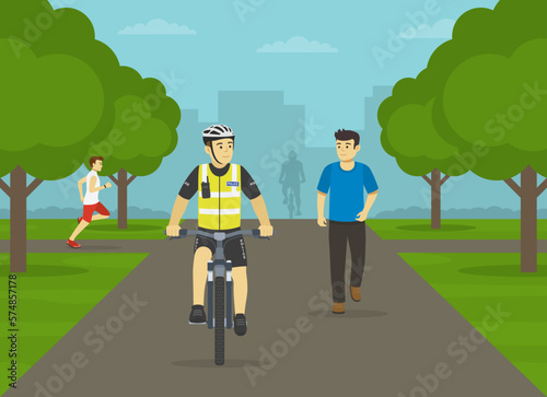 Police officer riding bike on park path. Front view of a bicycle patrol. Flat vector illustration template.