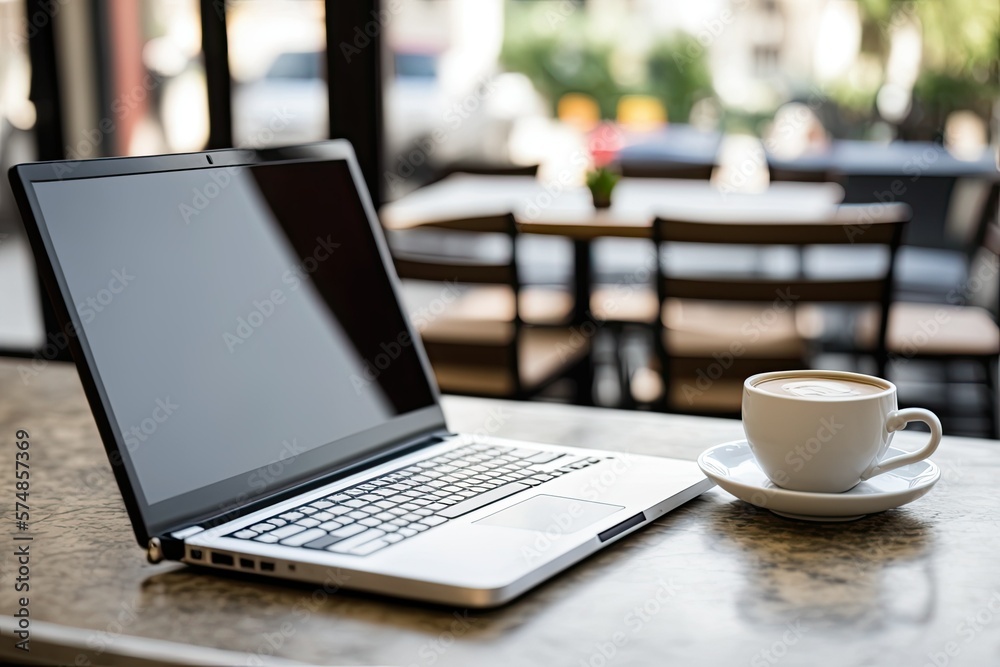Bokeh-blurred laptop with blank screen on coffee shop table. Keyboard for TCA OS. Generative AI Bokeh-blurred laptop with blank screen on coffee shop table. Keyboard for TCA OS. Generative AI