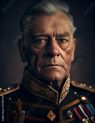 Portrait of decorated war general with stoic look. Generative AI