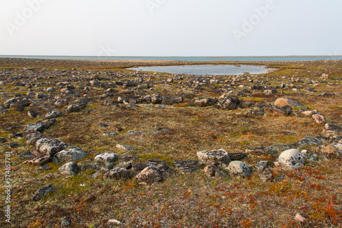 Remains of Inuit tent ring along the coast of Hudson Bay north of Arviat at a place called Qikiqtarjuq, Nunavut, Canada photo