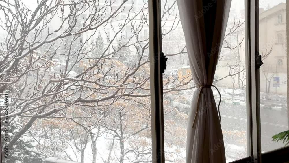 Living at home in cold freezing frozen winter when snowfall light snow cover the tree and street people walking with umbrella car driving to city center curtain on window warm house scenic landscape