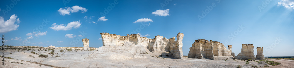 Monument Rocks in Grove County, Kansas. The chalk rock formation is a listed National Natural Landmark.