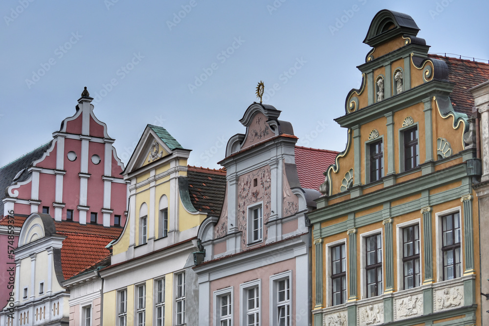 Low angle view of historical buildings on Rynek in Poznan