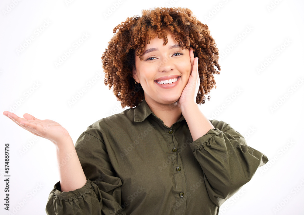 Black woman, studio portrait and palm with smile, product placement mockup and beauty by white background. Isolated african model, hand and fashion with happiness, afro and cosmetic beauty on face Black woman, studio portrait and palm with smile, product placement mockup and beauty by white background. Isolated african model, hand and fashion with happiness, afro and cosmetic beauty on face