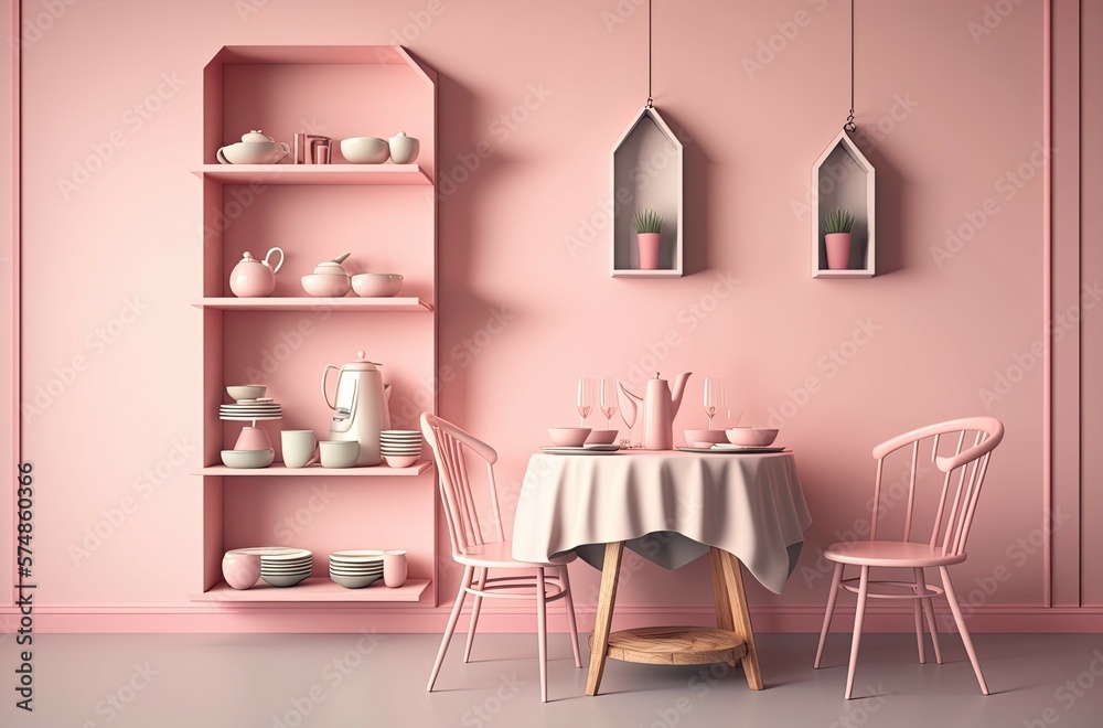 Pink shelves beautify a space with a table and seats. Generative AI Pink shelves beautify a space with a table and seats. Generative AI