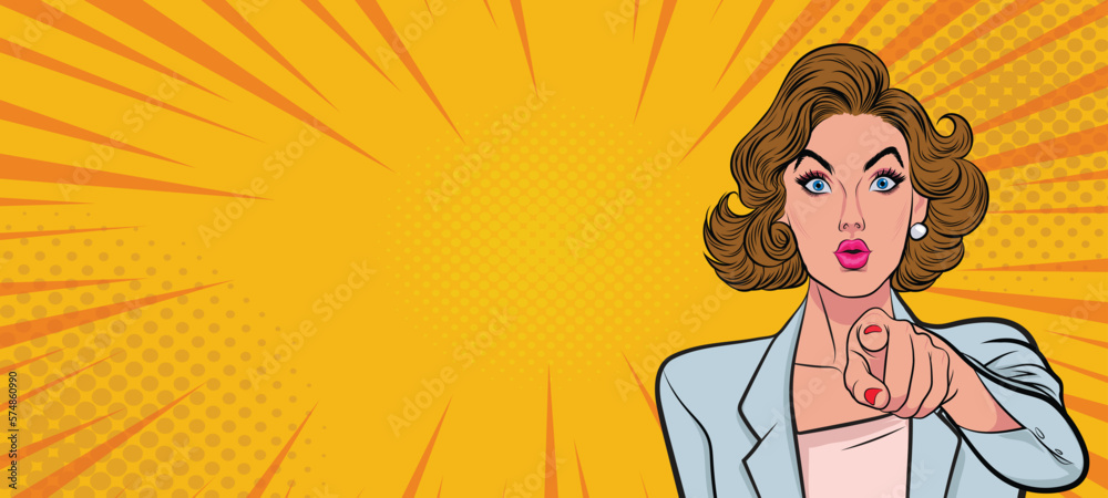 Beautiful Businesswoman with Open Mouth and Pointing Finger at You Vintage Style Pop Art Cartoon Illustration with Color Dots Beautiful Businesswoman with Open Mouth and Pointing Finger at You Vintage Style Pop Art Cartoon Illustration with Color Dots