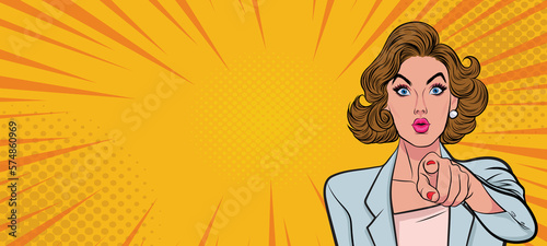 Beautiful Businesswoman with Open Mouth and Pointing Finger at You Vintage Style Pop Art Cartoon Illustration with Color Dots