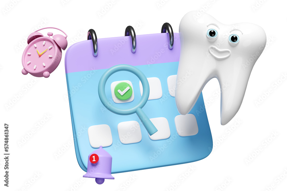 3d calendar with dental molar teeth model, clock, checkmark icons