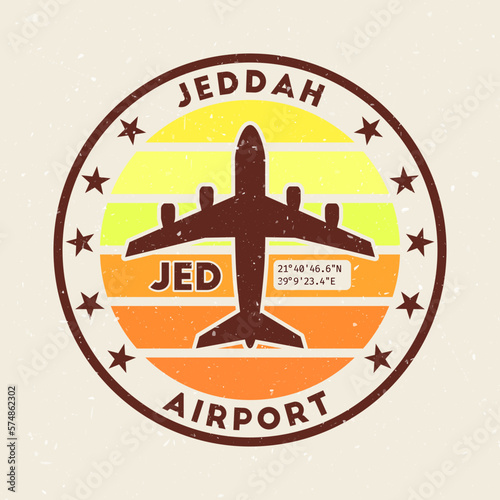Jeddah airport insignia. Round badge with vintage stripes, airplane shape, airport IATA code, and GPS coordinates. Authentic vector illustration.