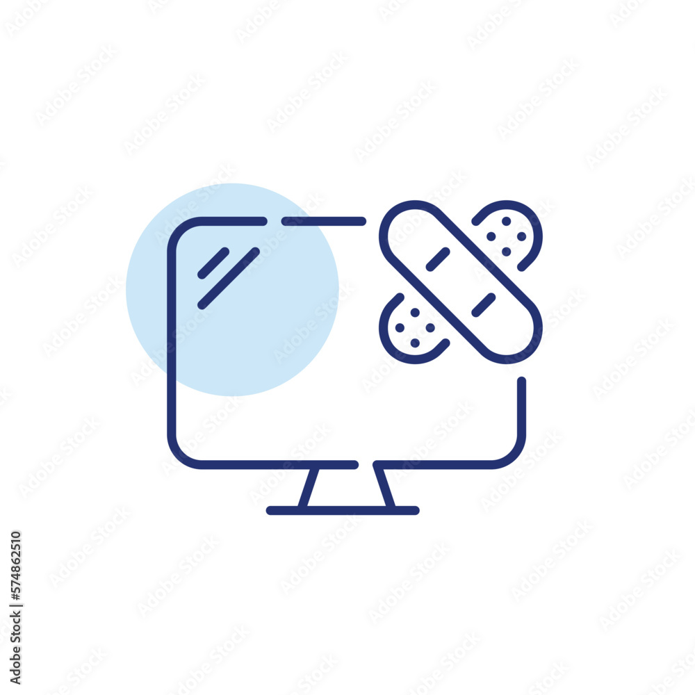 Desktop computer with bandaid over it. Computer repair symbol. Pixel perfect, editable stroke icon Desktop computer with bandaid over it. Computer repair symbol. Pixel perfect, editable stroke icon
