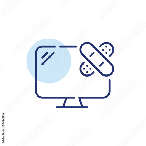 Desktop computer with bandaid over it. Computer repair symbol. Pixel perfect, editable stroke icon
