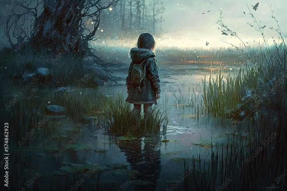 Little Girl in Rags Standing in Water and Grass created using generative ai Little Girl in Rags Standing in Water and Grass created using generative ai