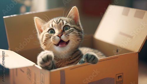 cat in a cardboard box outdoor, Generative AI