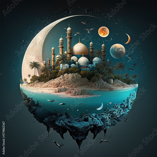 Ramadan Island Luxurious Illustrations of Moon, Stars, Camels, and Mosque in a Unique Floating Design with Generate AI photo