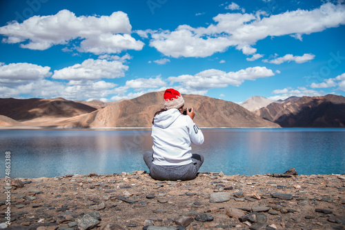 Happy Girl travel to Pangong lake, Leh Ladakh, India