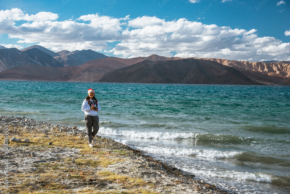 Happy Girl travel to Pangong lake, Leh Ladakh, India
