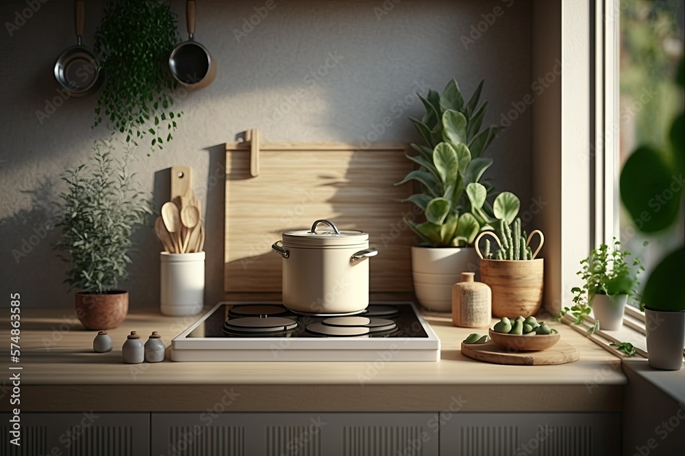 Kitchen countertops made of wood with a built-in oven, a pot, and some ...
