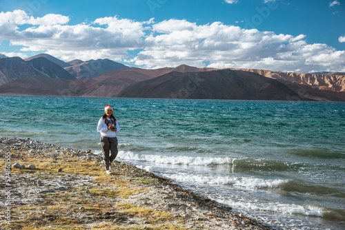 Happy Girl travel to Pangong lake, Leh Ladakh, India