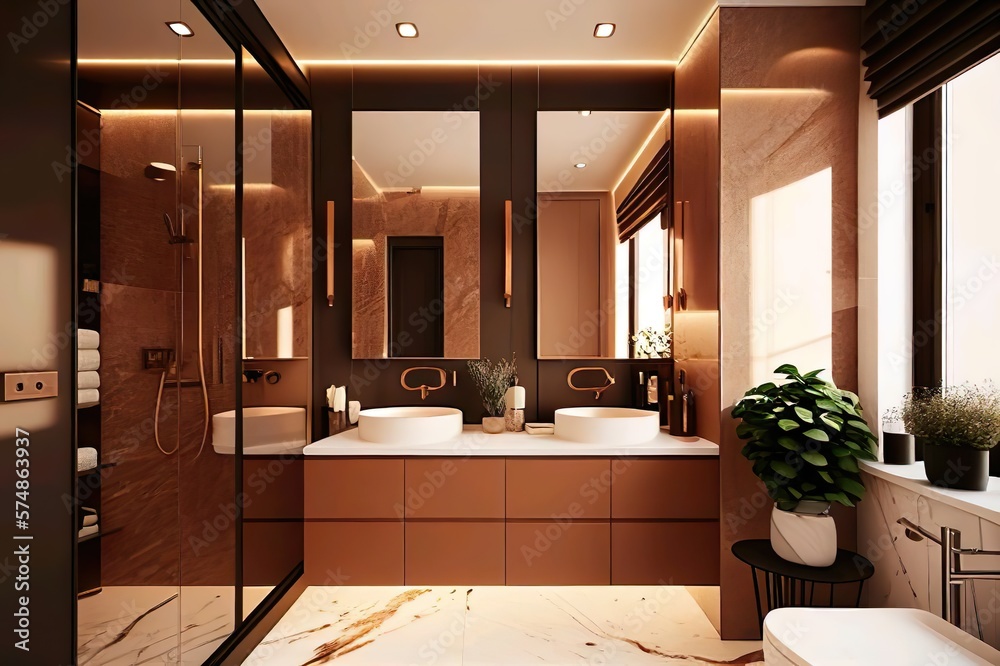 Luxus Badezimmer mit warmer Beleuchtung und zwei Rechteckigen