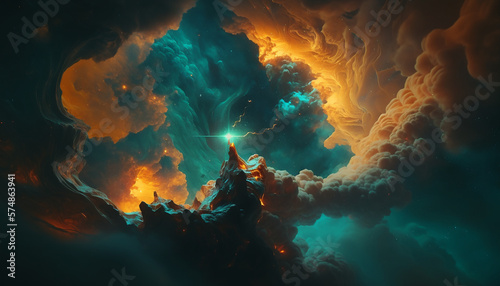 abstract graphic design nebula cloud in the space with teal and orange colors