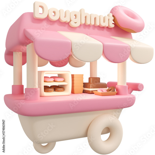 3D Rendering food shop doughnut vendor street food concept isolated on white cartoon style. 3D Render illustration.