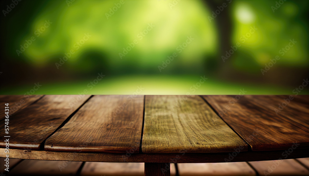 Empty old wooden table with fresh green spring garden in background Empty old wooden table with fresh green spring garden in background