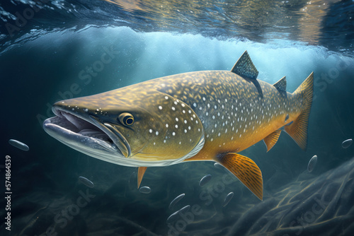 Trout fish profile spotted swimming underwater in beautiful stream Salmo Trutta, ai. 