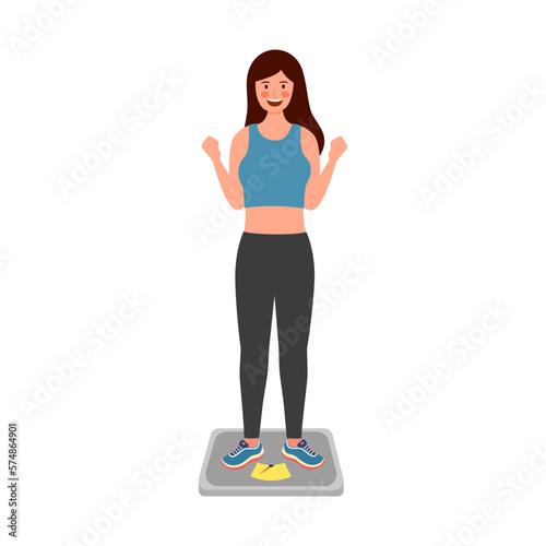 Happy slim girl on weight scale in flat design on white background.