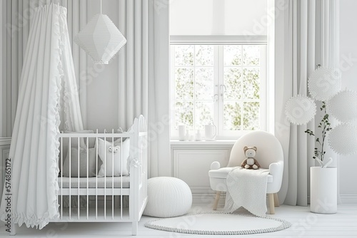 white bedroom with bright colors, with pillows and a crib. Generative AI