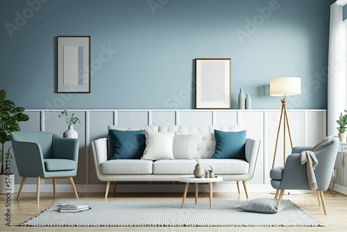 Minimalist sofa and armchair living room. light blue wall, wood floor. Generative AI