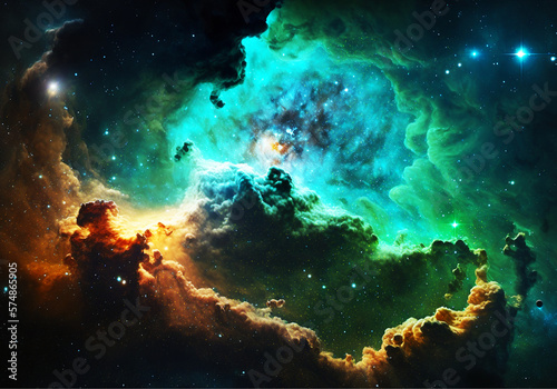 luxury Large panoramic view of a colorful dark green nebula in space.generative ai