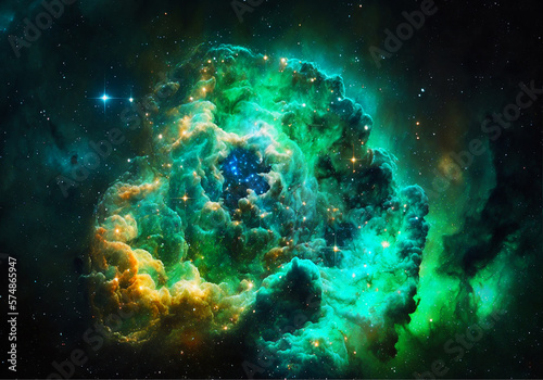 luxury Large panoramic view of a colorful dark green nebula in space.generative ai