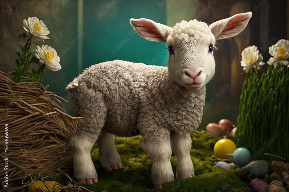 Easter baby lamb, Concept photo for Bible text about Jesus as sheepherder, created with Generative AI