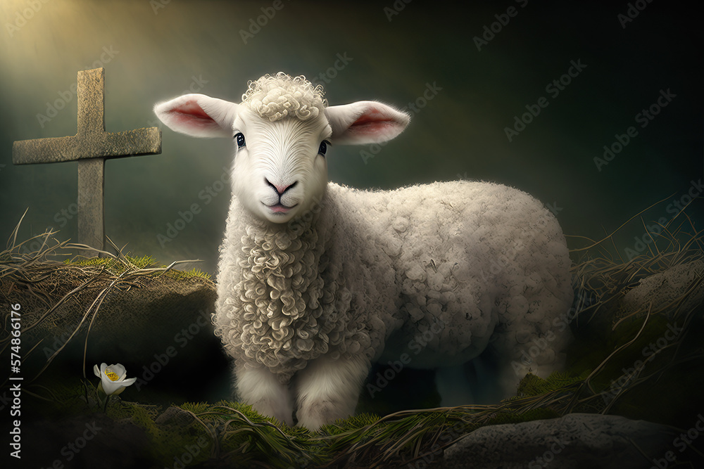 Obraz premium Easter baby lamb, Concept photo for Bible text about Jesus as sheepherder, created with Generative AI