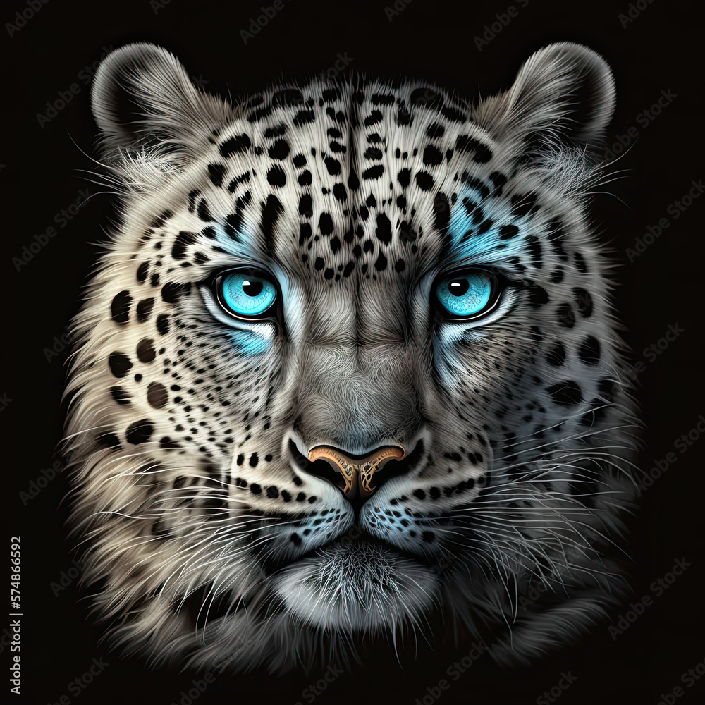 Fototapeta premium Snow Leopard with Aqua Blue Eyes, Glowing Eyes, Wildcat, Big Cat, Generative Illustration, AI art