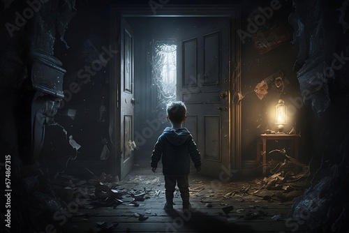A Young Boy Staring at Supernatural Lights in a Dirty Haunted House Generative AI