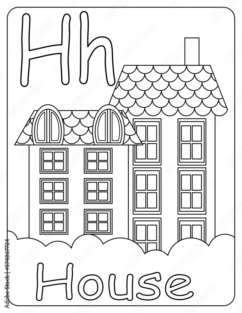 Kids ABC cards. Letter study set, english alphabet with food, animals and fairy tale characters cartoon.coloring book. Letter Hh