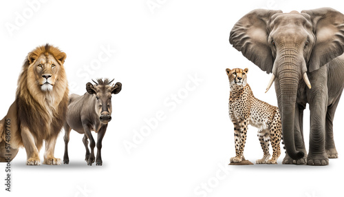 African animals on white isolated background. Lion, cheetah, elephant and warthog. Generative AI