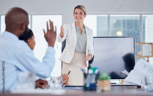 Question, happy and business people in a meeting discussion with an open conversation. Workshop, ask and manager listening to a black man with an opinion or vote during a seminar or conference