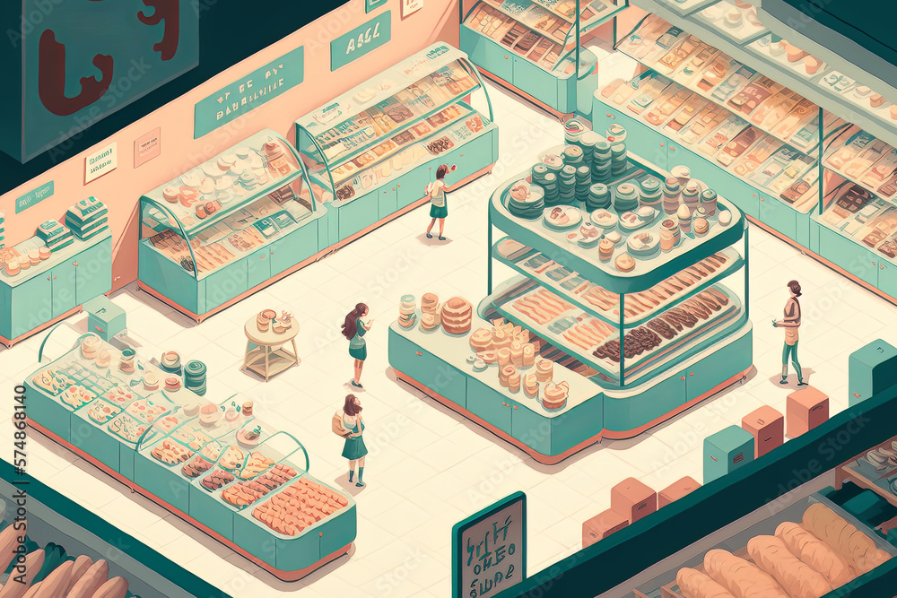 Pastel creative concept of a huge supermarket, shopping center full of people and products on racks and shelves. Generative AI